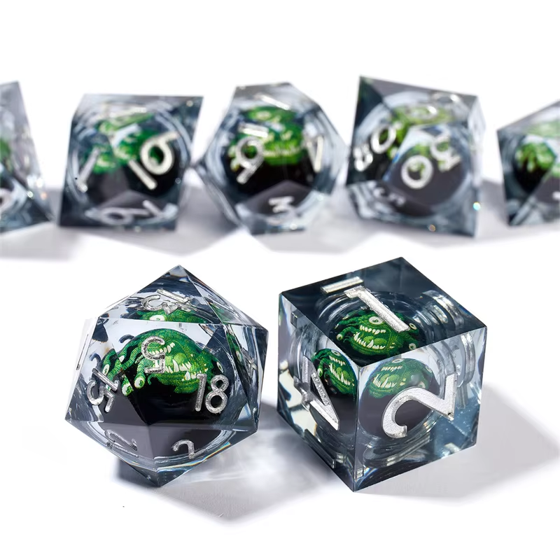 D&D Dice Set Sharp Edge Liquid Core - Smoky Green Beholder (Silver)