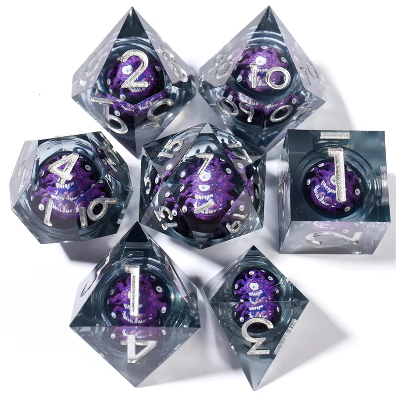 D&D Dice Set Sharp Edge Liquid Core - Smoky Purple Beholder