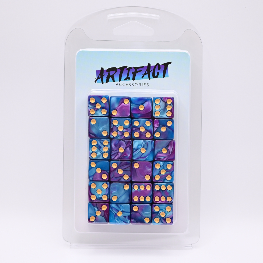 16mm Dice Square Pearl Teal-Purple (Gold pips)
