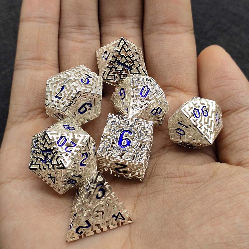 D&D Dice Set Metal Maze - White Aluminium (Blue)