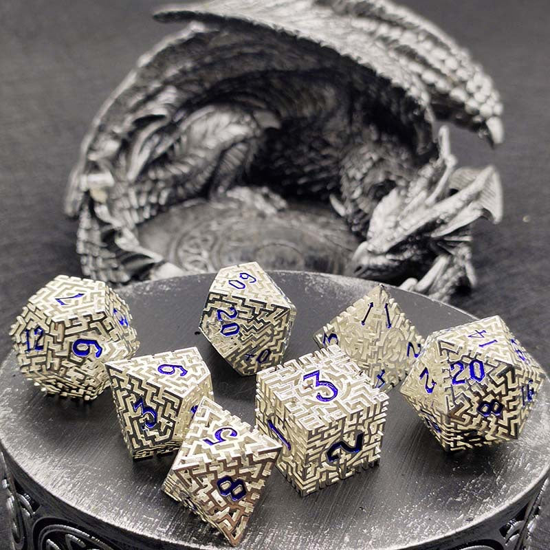 D&D Dice Set Metal Maze - White Aluminium (Blue)