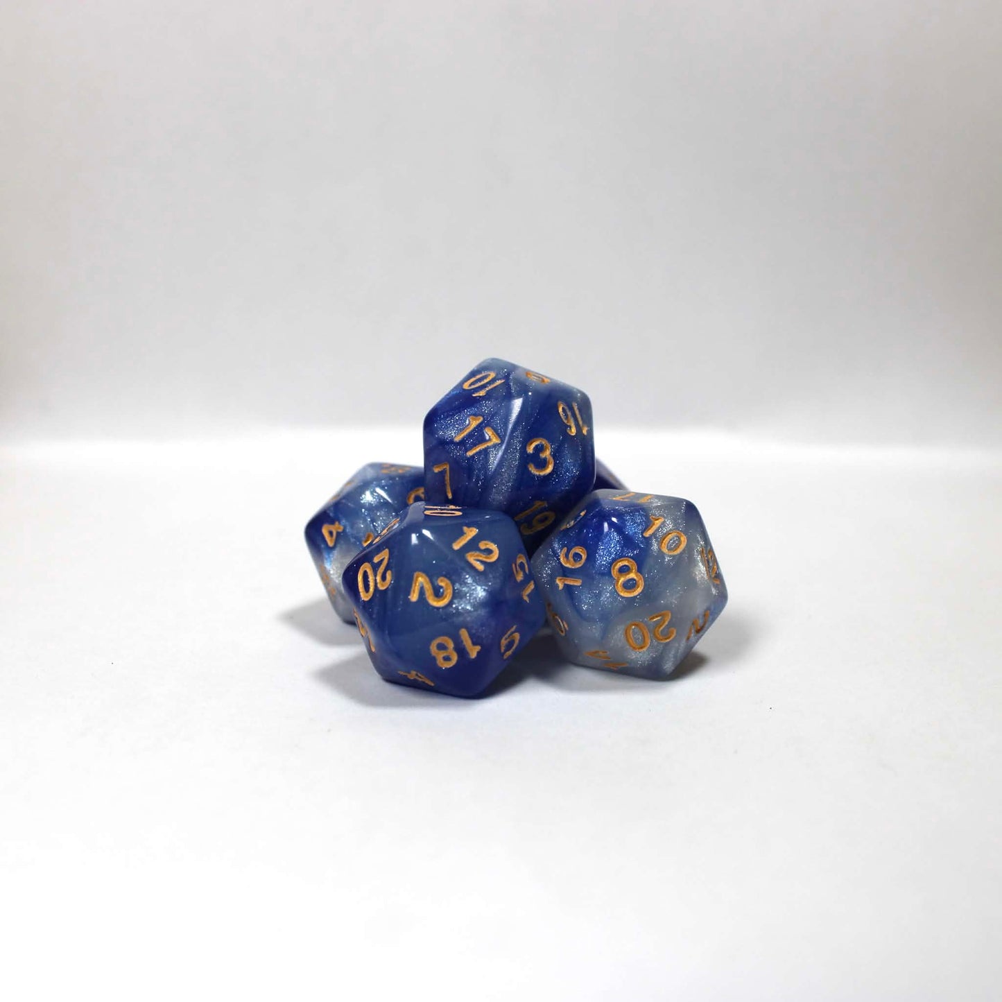 D20s (5) Pearl Blue & Silver (gold) dice