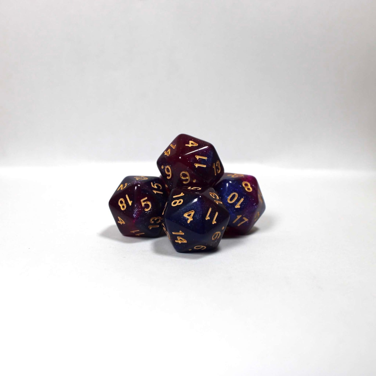 D20s (5) Pearl Purple & Blue (gold) dice