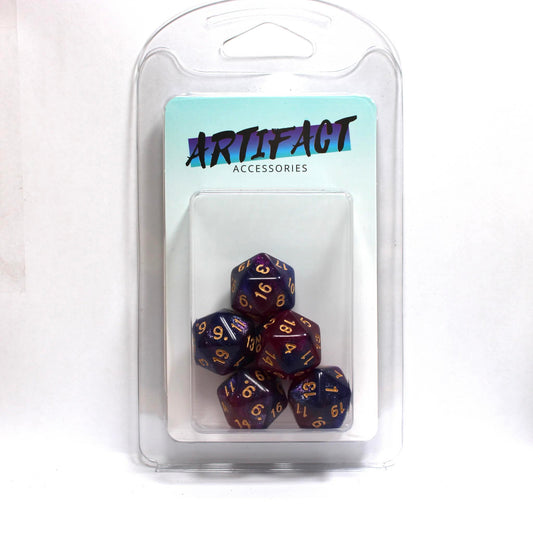D20s (5) Pearl Purple & Blue (gold) dice