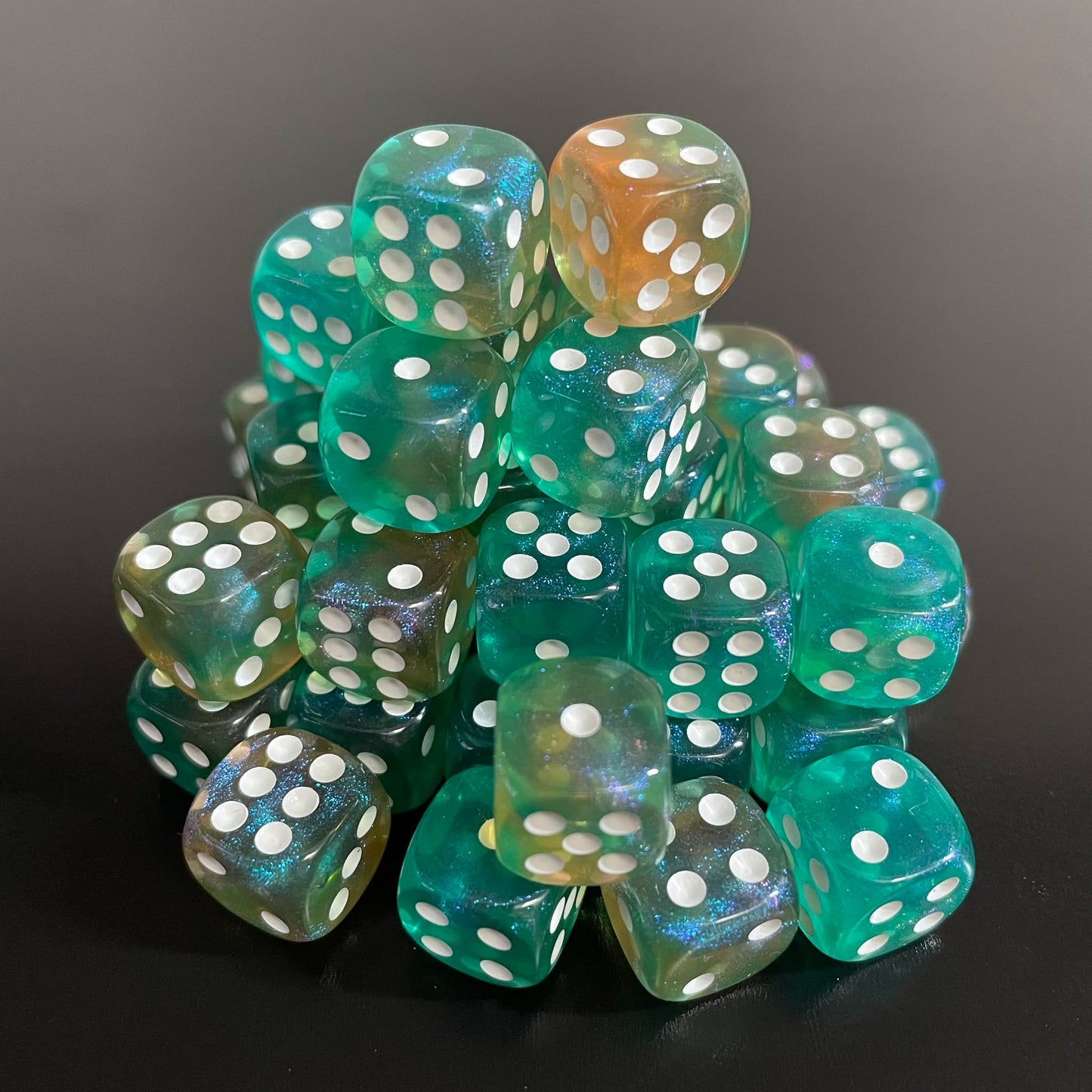 12mm Dice Transparent Green-Yellow Opal (White pips)