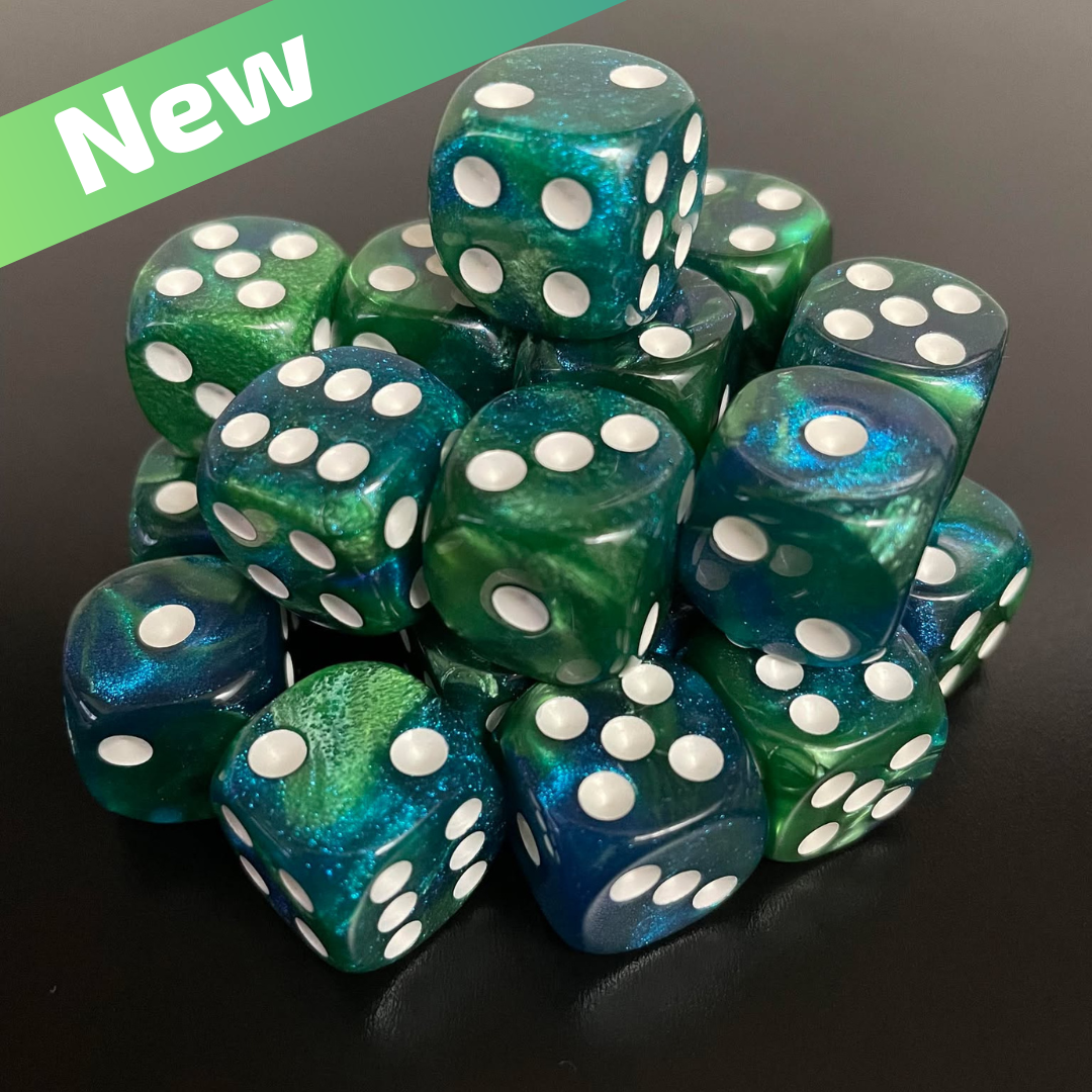 16mm Dice Glossy Pearl Blue-Green Opal (White pips)