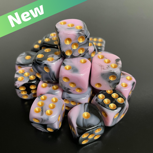 16mm Dice Glossy Pearl Pink-Black (Gold pips)