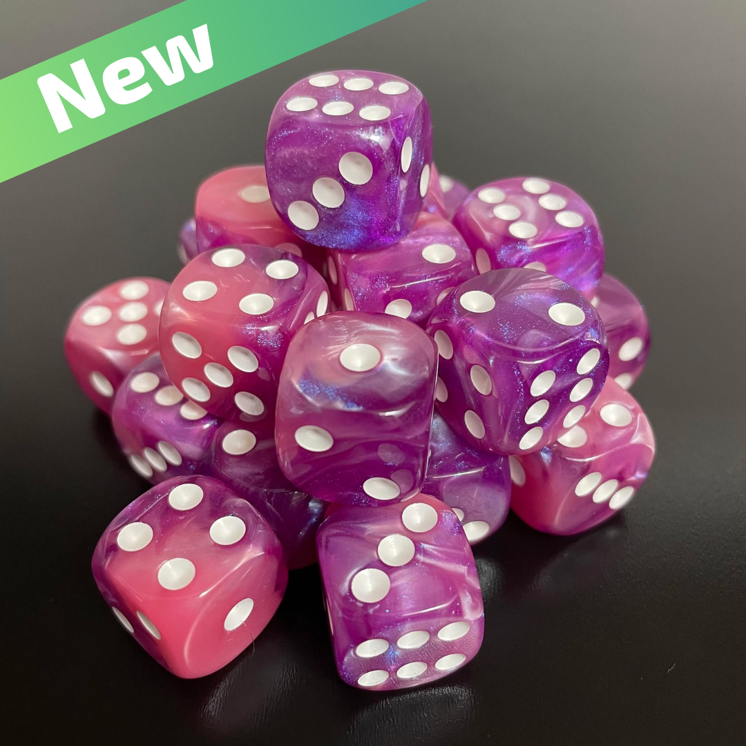 16mm Dice Glossy Pearl Pink-Purple Opal (White pips)