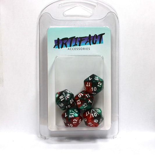 D20s (5) Pearl Green & Red (White) dice