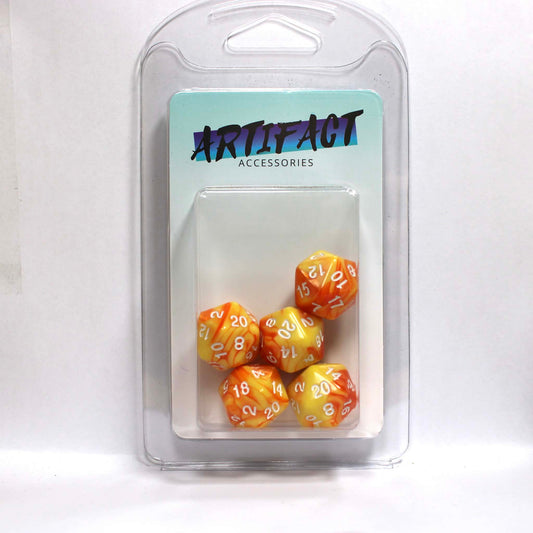 D20s (5) Pearl Orange & Yellow (white) dice