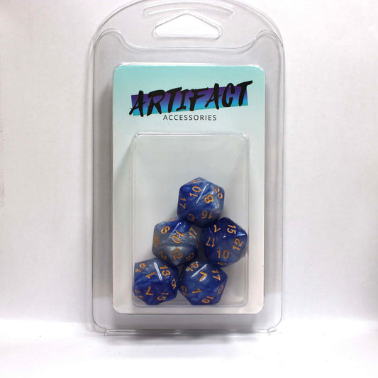 D20s (5) Pearl Blue & Silver (gold) dice