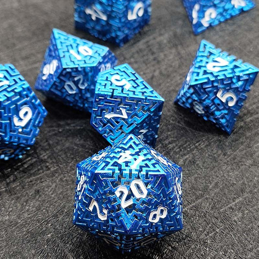 D&D Dice Set Metal Maze - Anodised Blue (White)