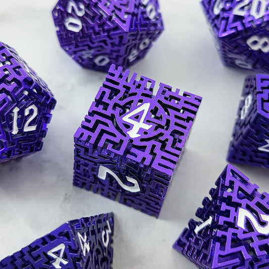 D&D Dice Set Metal Maze - Anodised Purple (White)