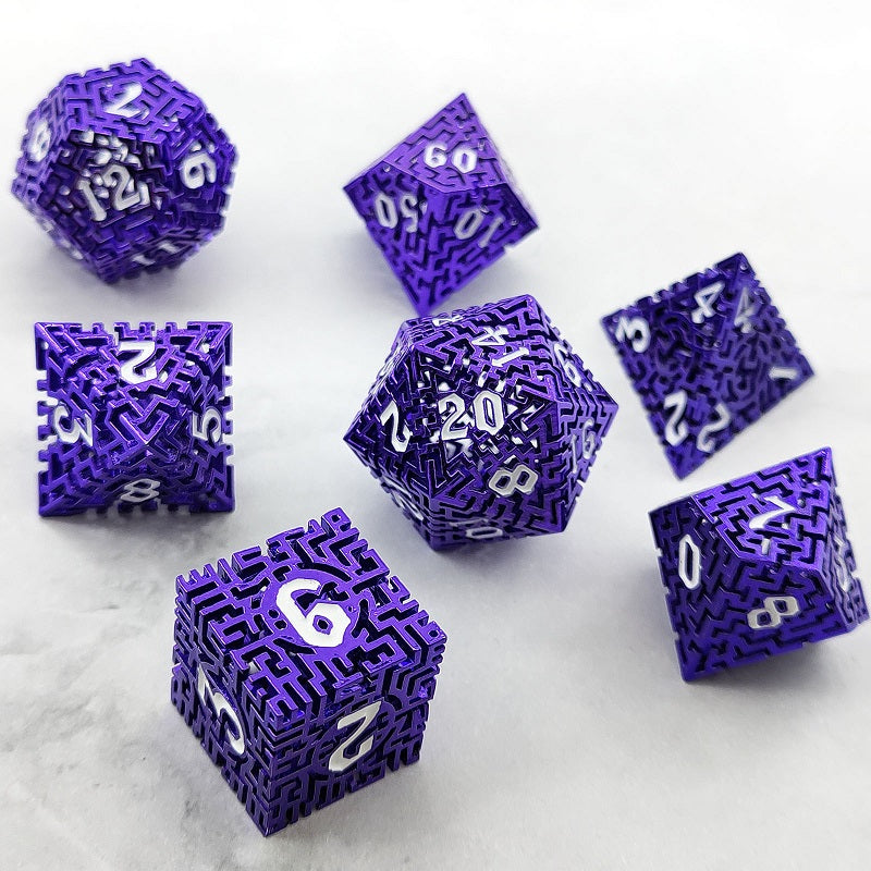 D&D Dice Set Metal Maze - Anodised Purple (White)