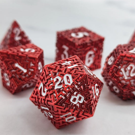 D&D Dice Set Metal Maze - Anodised Red (White)