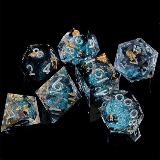 D&D Dice Set Sharp Edge Liquid Core - Black Gold Fleck (Silver)