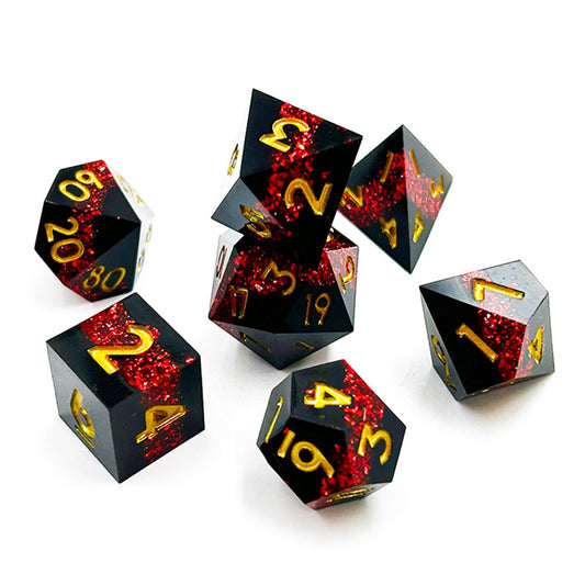 D&D Dice Set Sharp Edge - Black with Ruby seam (Gold)