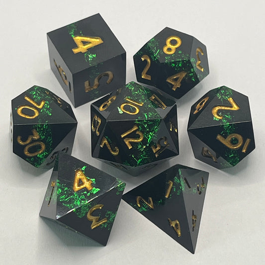 D&D Dice Set Sharp Edge - Black with Emerald seam (Gold)