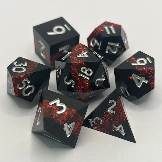 D&D Dice Set Sharp Edge - Black with Garnet seam (Silver)