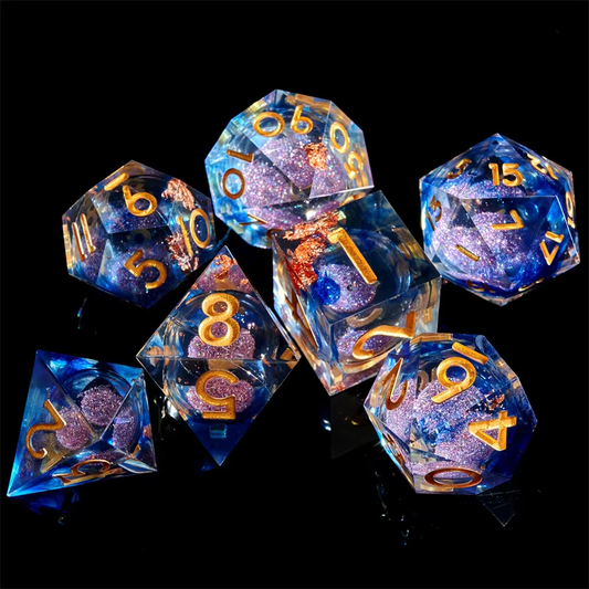 D&D Dice Set Sharp Edge Liquid Core - Blue Gold Fleck (Silver)