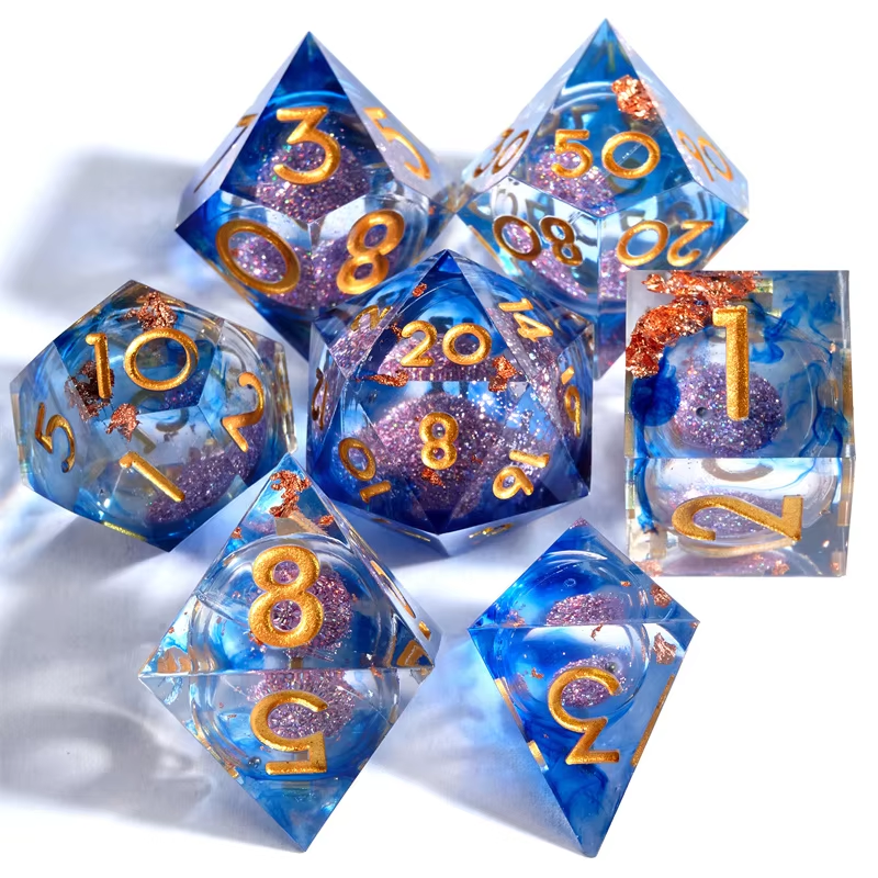 D&D Dice Set Sharp Edge Liquid Core - Blue Gold Fleck (Silver)