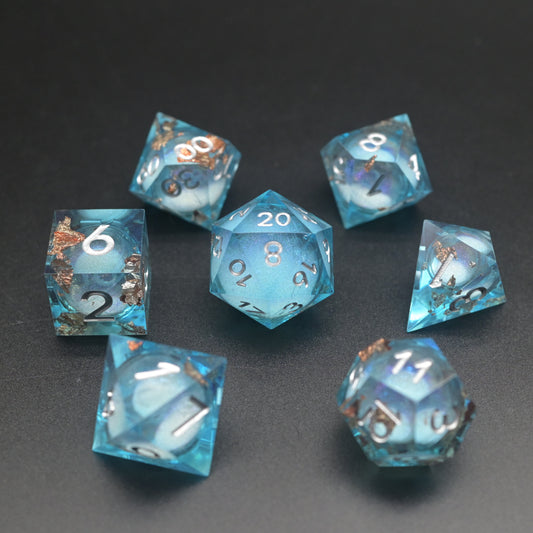 D&D Dice Set Sharp Edge Liquid Core - Blue Sky Gold Fleck (Silver)