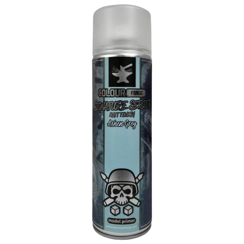 A can of Colour Forge aerosol spray primer in Ashen Grey, 500ml size, for miniature undercoat priming.