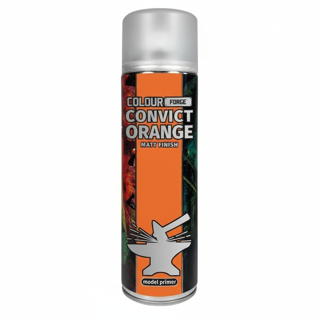 A can of Colour Forge aerosol spray primer in Convict Orange, 500ml size, for miniature undercoat priming.
