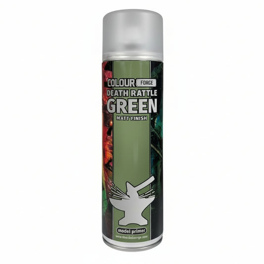 A can of Colour Forge aerosol spray primer in Deathrattle green, 500ml size, for miniature undercoat priming.