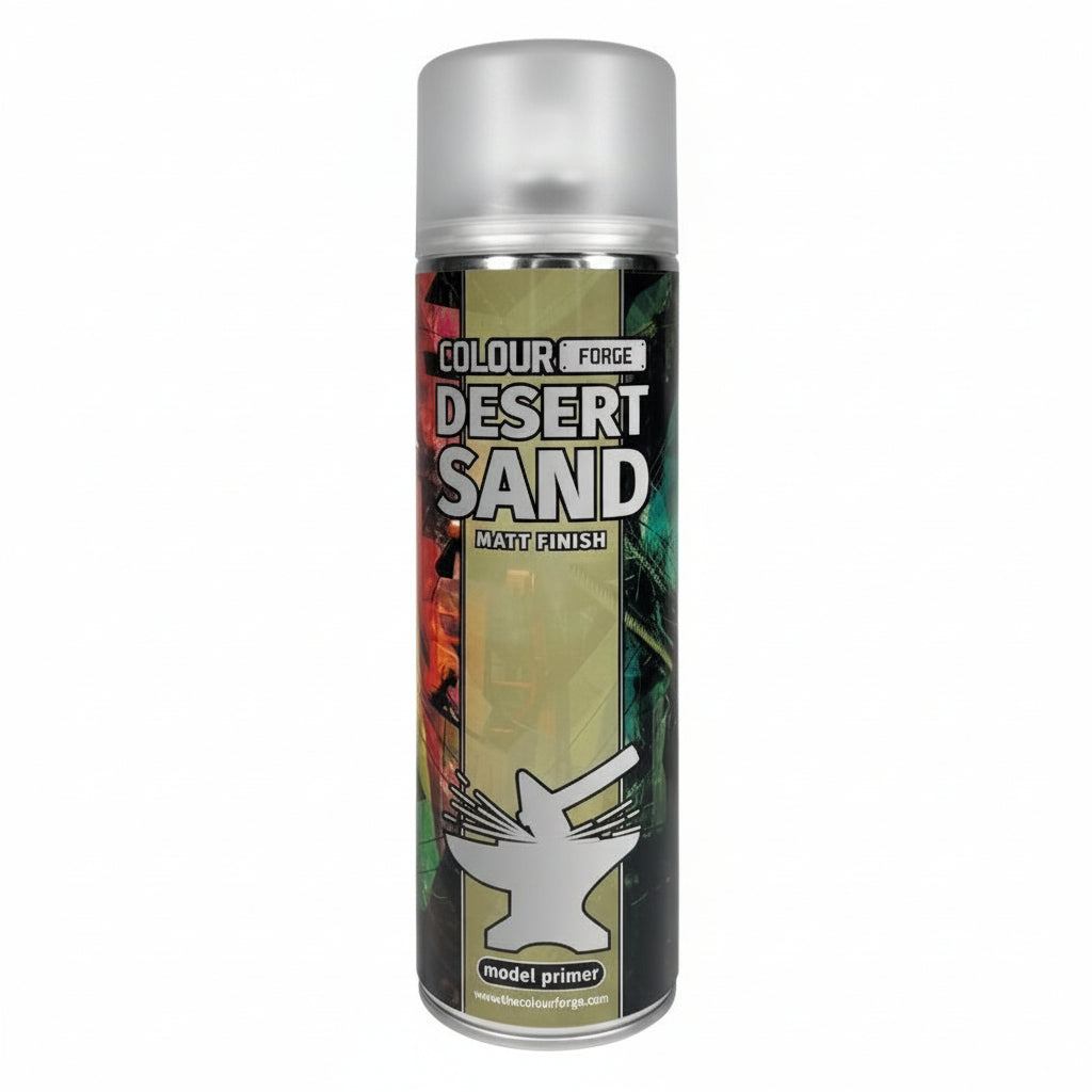 A can of Colour Forge aerosol spray primer in Desert Sand, 500ml size, for miniature undercoat priming.