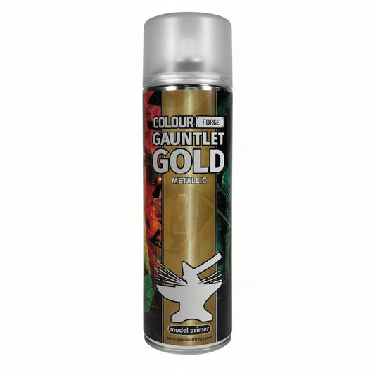 A can of Colour Forge aerosol spray primer in Gauntlet Gold, 500ml size, for miniature undercoat priming.