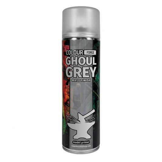 A can of Colour Forge aerosol spray primer in Ghoul Grey, 500ml size, for miniature undercoat priming.
