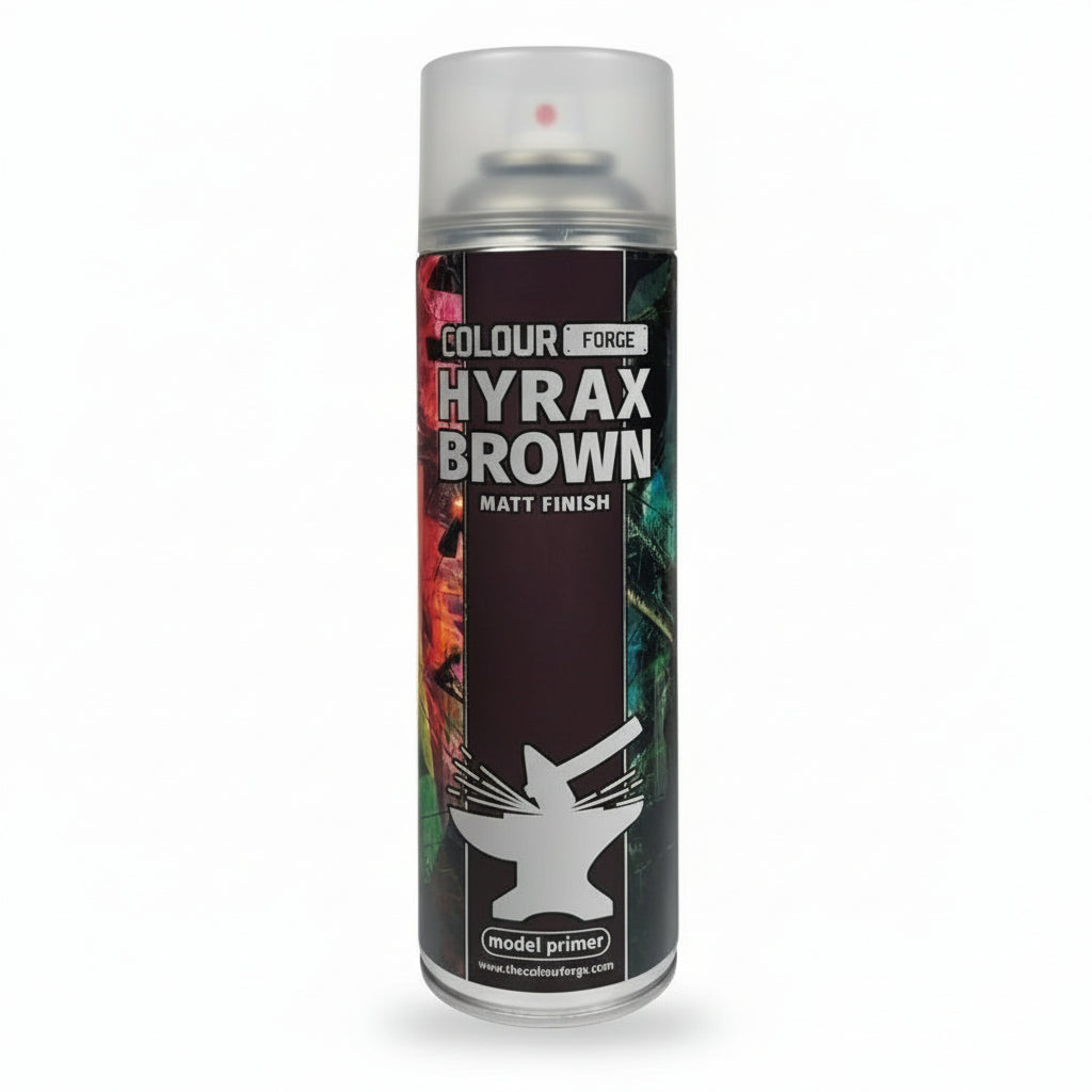 A can of Colour Forge aerosol spray primer in Hyrax Brown, 500ml size, for miniature undercoat priming.