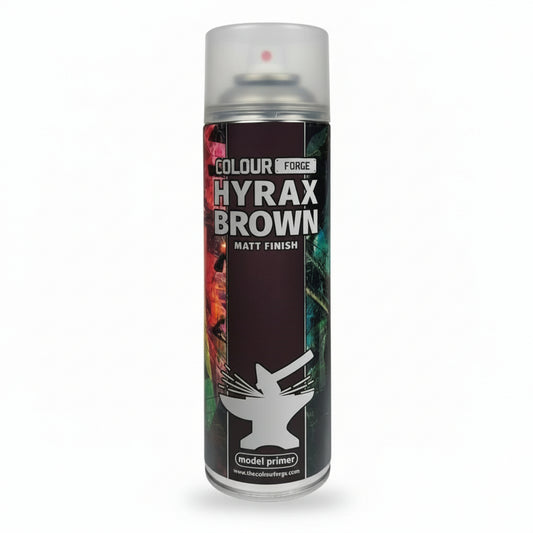 A can of Colour Forge aerosol spray primer in Hyrax Brown, 500ml size, for miniature undercoat priming.