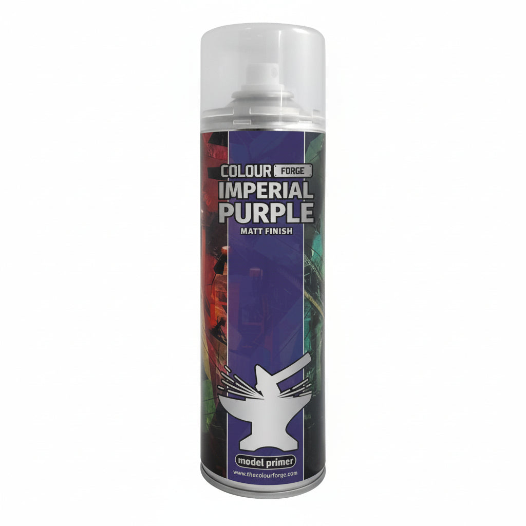 A can of Colour Forge aerosol spray primer in Imperial Purple, 500ml size, for miniature undercoat priming.