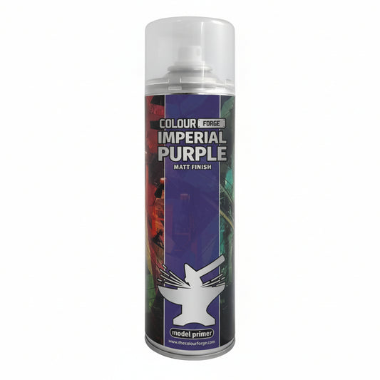 A can of Colour Forge aerosol spray primer in Imperial Purple, 500ml size, for miniature undercoat priming.