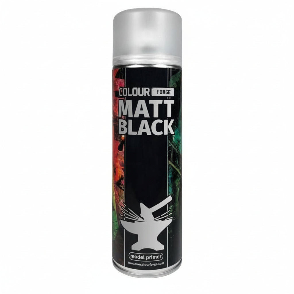 A can of Colour Forge aerosol spray primer in Matt Black, 500ml size, for miniature undercoat priming