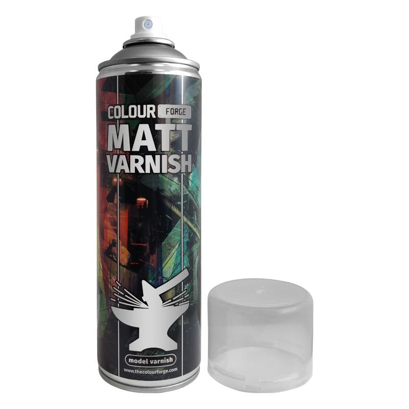 A can of Colour Forge aerosol spray primer in Matt Varnish, 500ml size, for miniature undercoat priming.