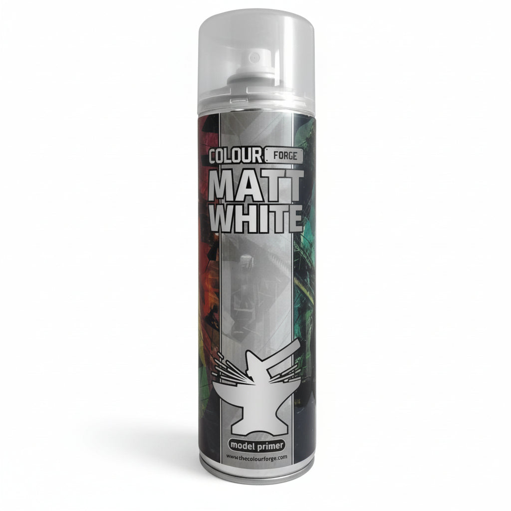 A can of Colour Forge aerosol spray primer in matte white, 500ml size, for miniature undercoat priming.