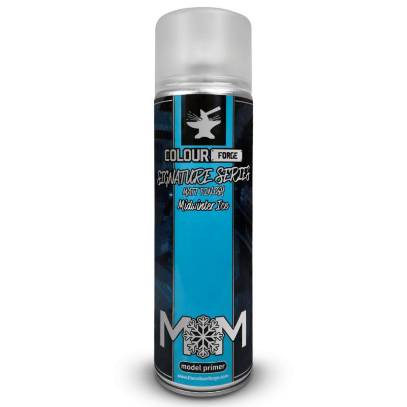 A can of Colour Forge aerosol spray primer in Midwinter Ice, 500ml size, for miniature undercoat priming.