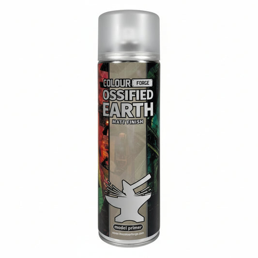 A can of Colour Forge aerosol spray primer in Ossified Earth, 500ml size, for miniature undercoat priming.