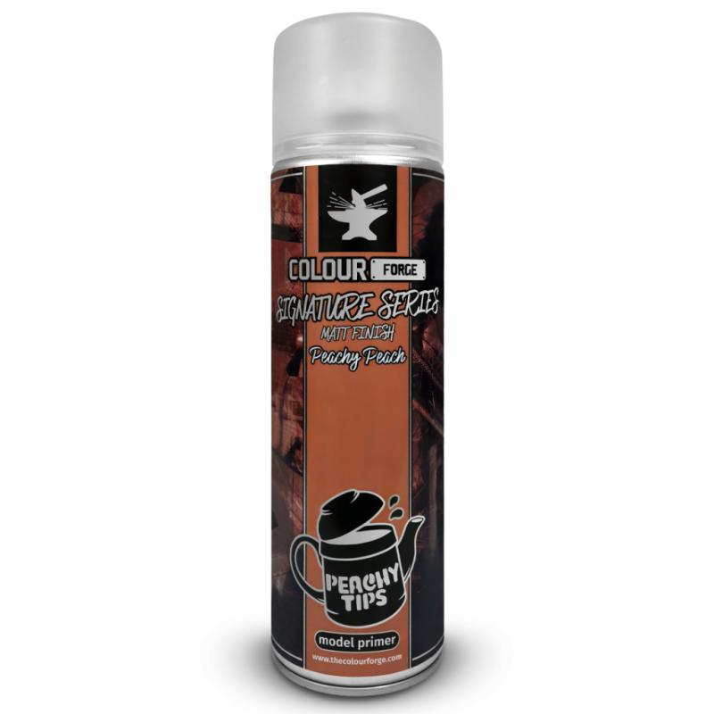 A can of Colour Forge aerosol spray primer in Peachy Peach, 500ml size, for miniature undercoat priming.
