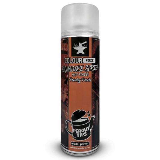 A can of Colour Forge aerosol spray primer in Peachy Peach, 500ml size, for miniature undercoat priming.