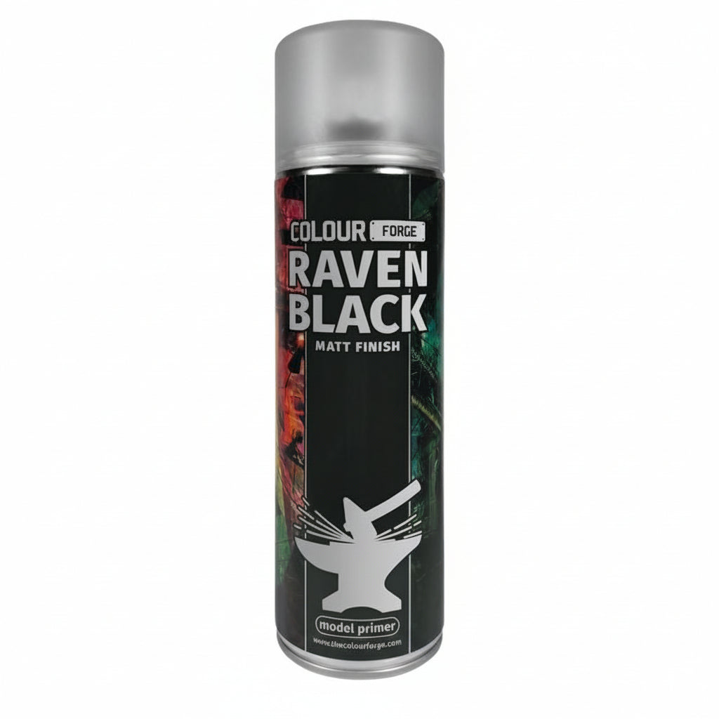 A can of Colour Forge aerosol spray primer in Raven Black, 500ml size, for miniature undercoat priming.
