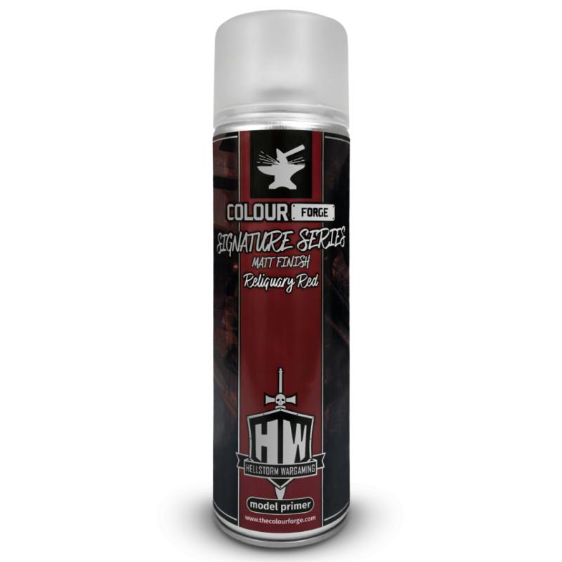A can of Colour Forge aerosol spray primer in Reliquary Red, 500ml size, for miniature undercoat priming.