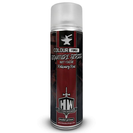 A can of Colour Forge aerosol spray primer in Reliquary Red, 500ml size, for miniature undercoat priming.