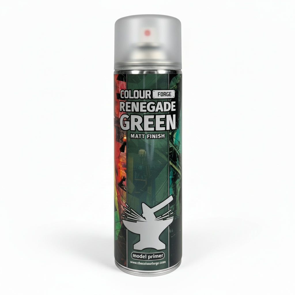 A can of Colour Forge aerosol spray primer in Renegade Green, 500ml size, for miniature undercoat priming.