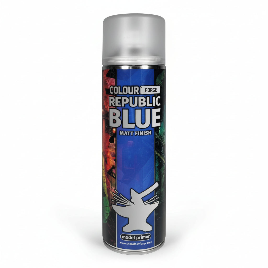 A can of Colour Forge aerosol spray primer in Republic Blue, 500ml size, for miniature undercoat priming.