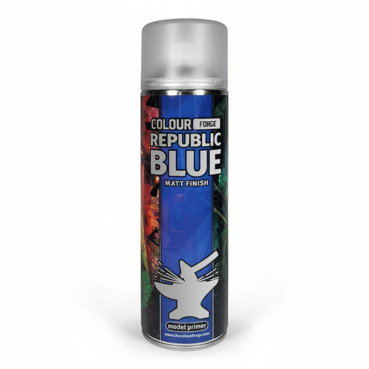 A can of Colour Forge aerosol spray primer in Republic Blue, 500ml size, for miniature undercoat priming.