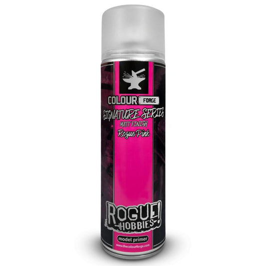 A can of Colour Forge aerosol spray primer in Rogue Pink, 500ml size, for miniature undercoat priming.